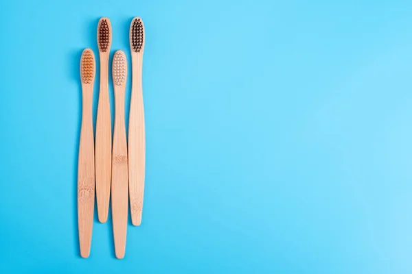 Bamboo Toothbrushes Blue Background Eco Friendly Daily Oral Hygiene Teeth — Stock Photo, Image