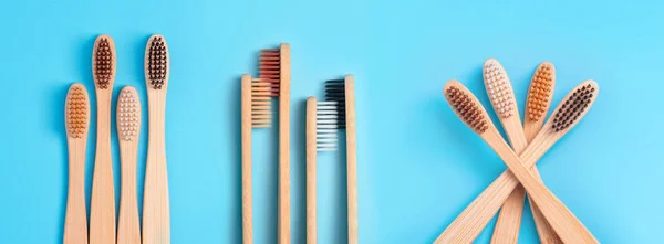 Bamboo Toothbrushes Blue Background Eco Friendly Daily Oral Hygiene Teeth — Stock Photo, Image