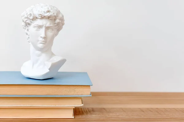 Gypsum αντίγραφο του Davids κεφάλι σε ένα ράφι. Michelangelos David γύψινο αντίγραφο προτομή στέκεται σε βιβλία. Αρχαία ελληνική γλυπτική, άγαλμα ήρωα σε ξύλινο τραπέζι. Εκπαίδευση, copyspace — Φωτογραφία Αρχείου