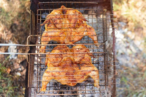 Ψητό Και Ψητό Κοτόπουλο Στη Σχάρα Εξωτερικούς Χώρους Από Κοντά — Φωτογραφία Αρχείου