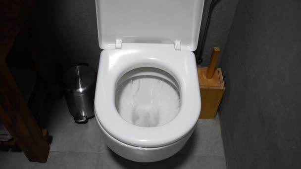 Toilet Flushed. Closeup view of water flushing down into the toilet bowl in bathroom. Water flows into the toilet. — Stock Video