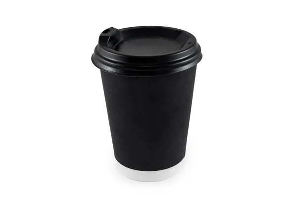 Kaffeetasse aus schwarzem Papier auf weißem Hintergrund. Leere Papiertasse Kaffee Einweg zum Mitnehmen oder für die Anwendung Logo gehen, Raum für Design-Layout. — Stockfoto
