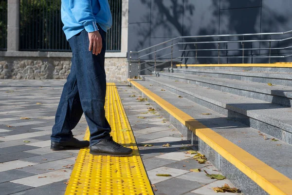 Man Walking Yellow Blocks Tactile Paving Blind Handicap Braille Blocks — Stock Photo, Image