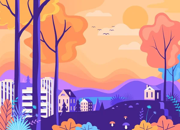 Renk sonbahar park peyzaj binalar ve dağ