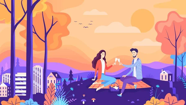 Güzel çift sonbahar Şehir Parkı vektör çizim içinde piknik