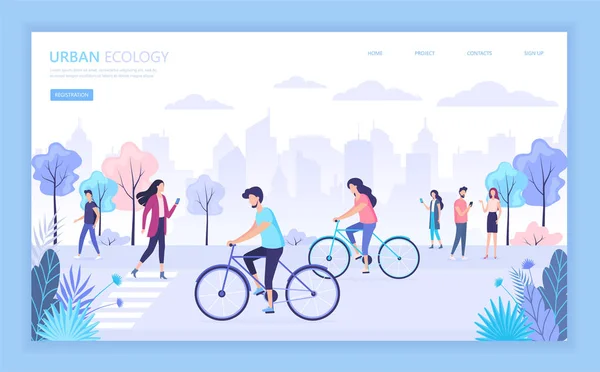 Kentsel ekoloji şehir sokak vektör çizim. İnsanlar şehir Park'ta yürüyordunuz. Hiçbir araba gün