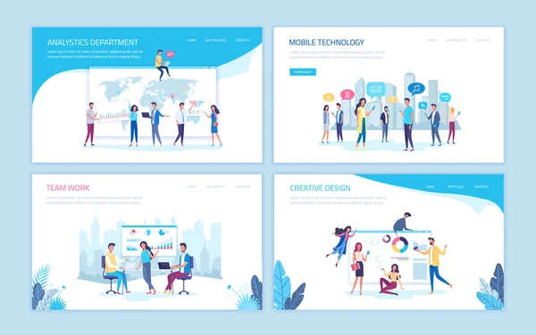 Quattro Modelli Web Design Colore Blu Utilizzo Office Persone — Vettoriale Stock