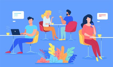 Rahat internet cafe insanlarla dolu. Düz vektör çizim