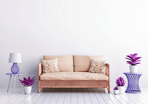 Home interior mock up with wicker rattan sofa, beige pillows, lamp and plants in living room with empty white wall with copy space. 3D rendering.