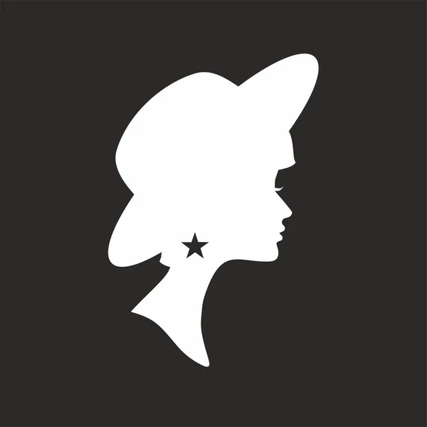 Bir yıldız şeklinde küpe ile şapka lı bir kızın beyaz vektör silueti. Vektör illüstrasyon. Vektör beyaz profil kızlar.