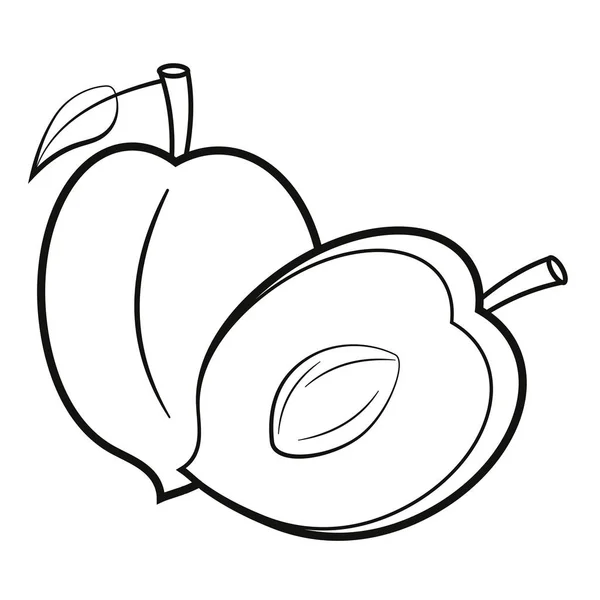 Sliced peach cut in half, with leaves. Vector illustration in black and white. — Stock Vector