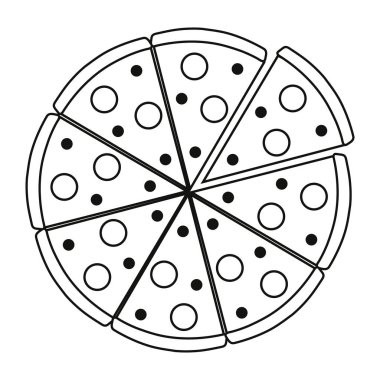 Tam, yuvarlak pizza vektör illüstrasyon siyah ve beyaz.