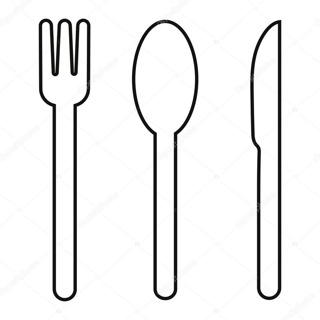 Cutlery set of fork, spoon and knife. Vector illustration in black and white.