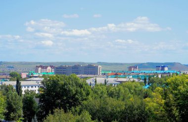 Harika bir manzara. Yeşil çimenler. Mavi gökyüzünde kümülüs bulutları. Yeşil ağaçları ve mavi gökyüzü olan güzel bir manzara..