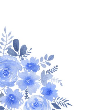 Beyaz arka planda mavi çiçek ve yaprakların suluboya kompozisyonu