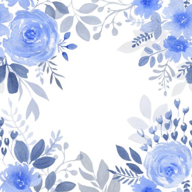 Davet sepeti için mavi çiçek ve yaprakların suluboya kompozisyonu