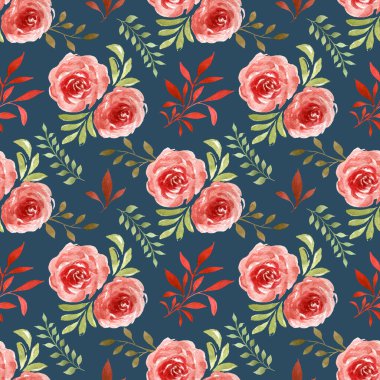 Elle çizilmiş suluboya güller ve yapraklarla kusursuz bir desen. Çiçek arka planı.