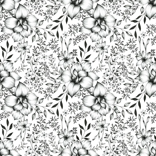 Floral seamless pattern with leaves and flowers. Doodles ornament. — ストック写真