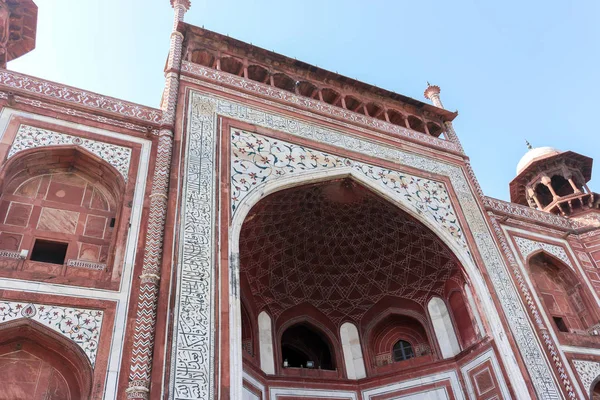 Principal Porta Entrada Taj Mahal Que Belamente Trabalhada Portas Dois — Fotografia de Stock