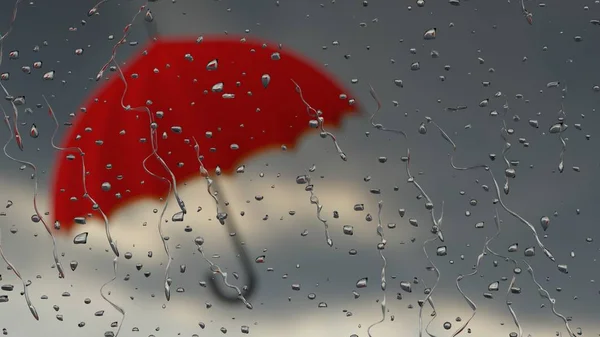 Umbrella behind rainy window