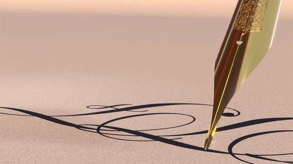 3D-gjengivelse av pennespiss i gullfontenen over papir stockbilde