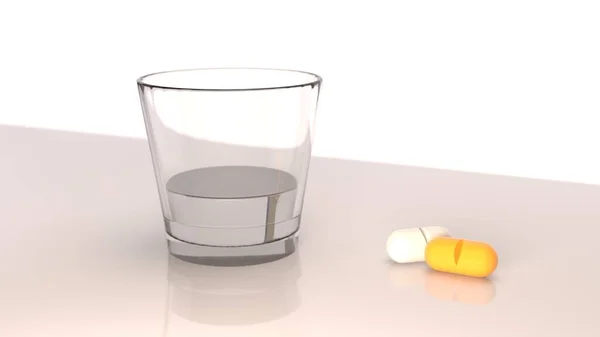 3D иллюстрация стакана воды и двух таблеток — стоковое фото