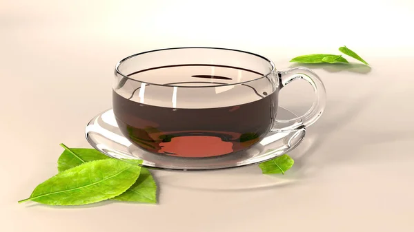 รูปภาพ 3 มิติของถ้วยชาแก้วและใบชา — ภาพถ่ายสต็อก