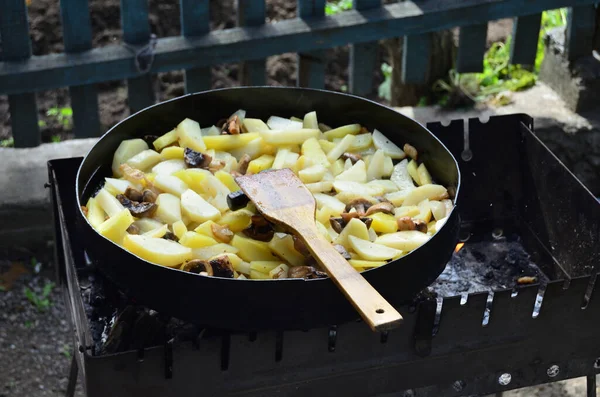 Piknik Izgarada Mantarlı Kızarmış Patates Arkaplan Için Fotoğraf — Stok fotoğraf