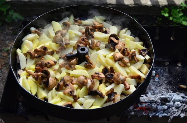 Piquenique Batatas Fritas Sobre Fogo Foto Comida Fundo — Fotografia de Stock