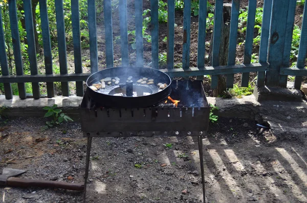 Picknick Pfanne Flammen Foto Von Lebensmitteln Auf Dem Hintergrund — Stockfoto