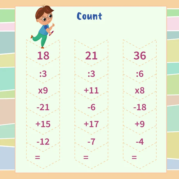 Gioco di matematica per bambini. contare la catena di azioni e annotare il risultato — Vettoriale Stock