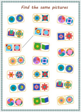 Çocuklar için mantık oyunu. Benzer şekilleri bul ve bağla