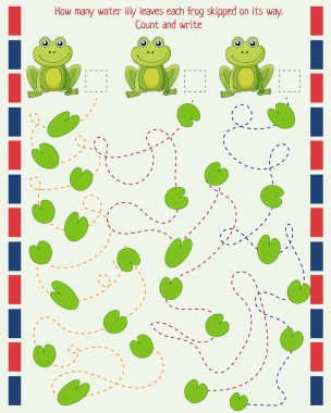 Çocuklar için matematik oyunu. Her bir kurbağa kaç tane nilüfer yaprağı bırakırsa kendi yoluna gider. Say ve yaz