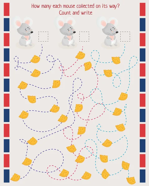 Juego de matemáticas para los niños. Cuenta y escribe cuánto queso recogió cada ratón en su camino — Vector de stock