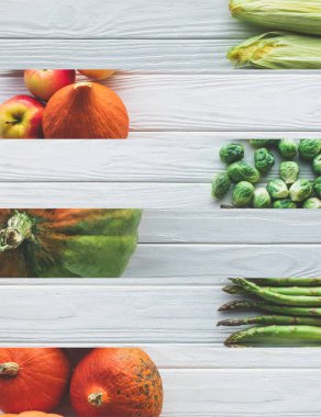 collage of ripe autumnal vegetables on white wooden table clipart