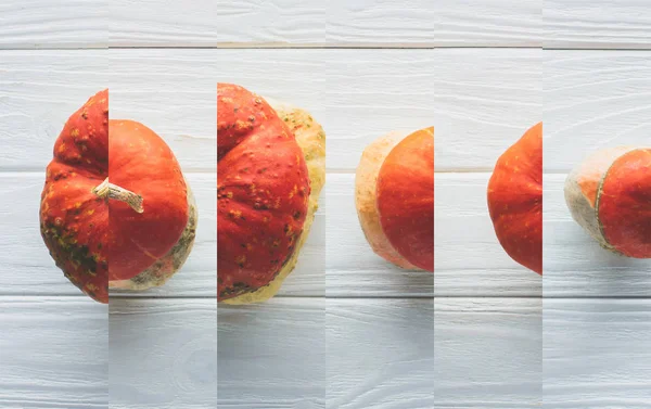 Collage Ripe Orange Natural Pumpkin White Wooden Table — Stock Photo, Image