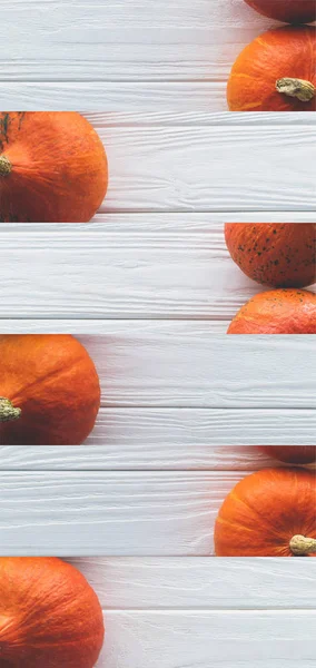 Collage Ripe Orange Natural Pumpkin White Wooden Surface — Stock Photo, Image