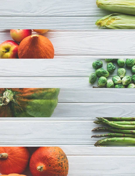 Collage Van Rijpe Herfst Groenten Witte Houten Tafel — Stockfoto