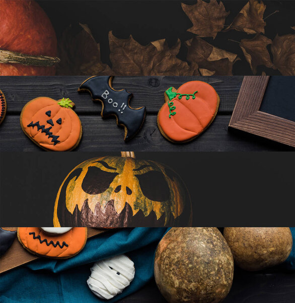 collage of traditional Halloween cookies, pumpkin and autumnal dry leaves