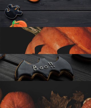collage of traditional Halloween cookies, pumpkin and foliage clipart