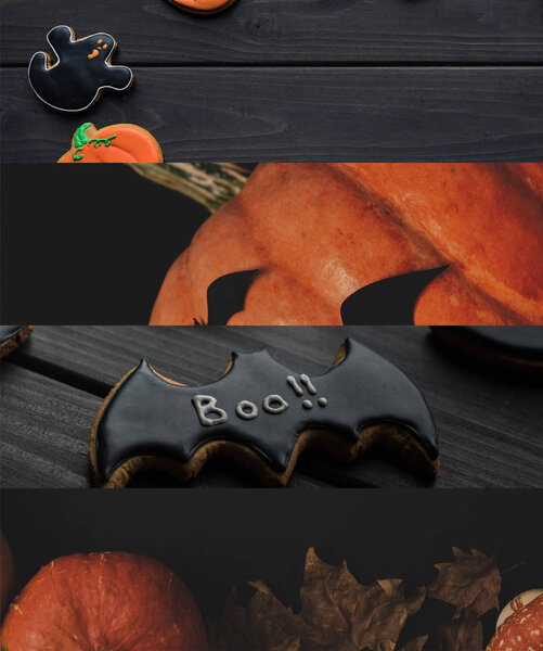 collage of traditional Halloween cookies, pumpkin and foliage