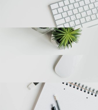 collage of white workplace with plant, computer mouse and keyboard and notebook with stationery clipart