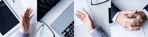 Collage Der Hände Von Geschäftsleuten Arbeitsplatz Mit Laptop Und Digitalem — Stockfoto