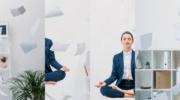 collage of young businesswoman with closed eyes meditating in air with paper at workplace