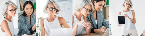 Collage Mujeres Negocios Asiáticas Europeas Trabajando Junto Con Gadgets —  Fotos de Stock