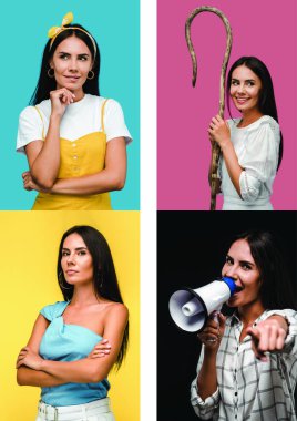 farklı duygular gösteren esmer kadının kolaj