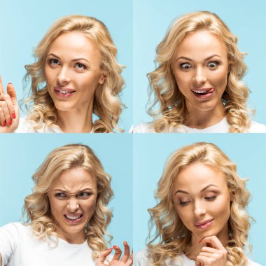 collage of blonde young woman showing various emotions isolated on blue clipart