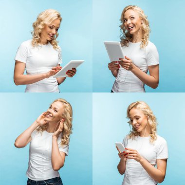 collage of blonde smiling young woman using smartphone, digital tablet and listening music in earphones isolated on blue clipart