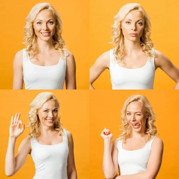 Collage Blonde Beautiful Young Woman Showing Various Emotions Isolated Orange — Stock Photo, Image