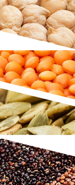 collage of chickpea, pumpkin seeds, lentils and beans isolated on white
